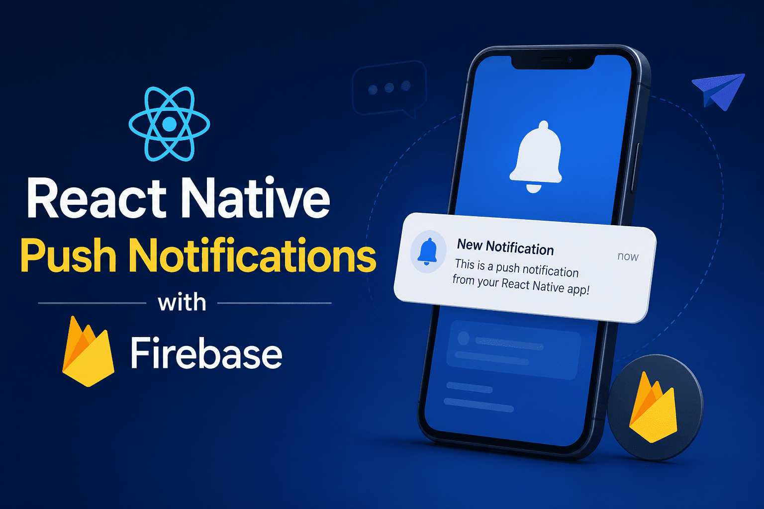 Illustration of a React Native mobile application receiving Firebase Cloud Messaging (FCM) push notifications on a smartphone, representing push notification integration in React Native apps.