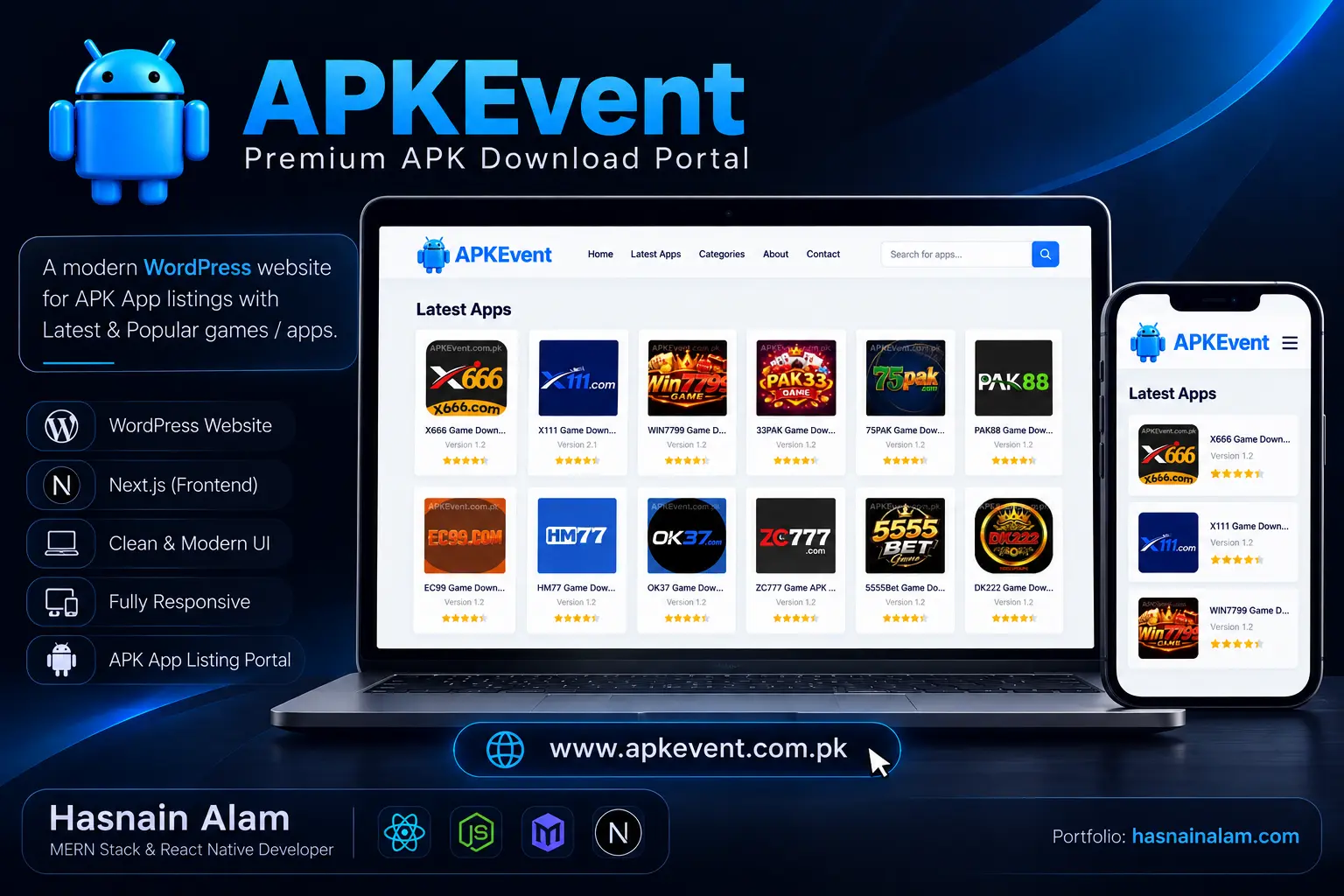 ApkEvent.com.pk WordPress headless CMS website homepage showing Android game and app listings