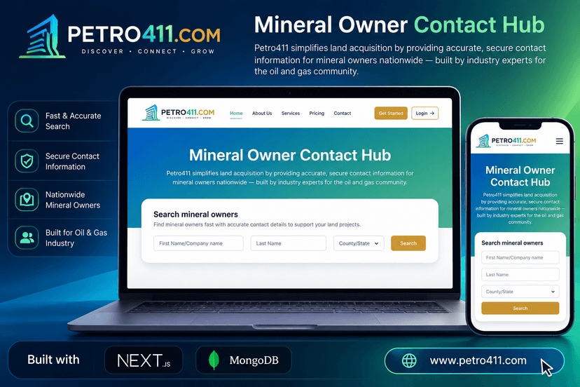 Petro411 — Mineral Owner Contact Database (Next.js SaaS Platform) Petro411 — Mineral Owner Contact Database (Next.js SaaS Platform) Showcase Preview