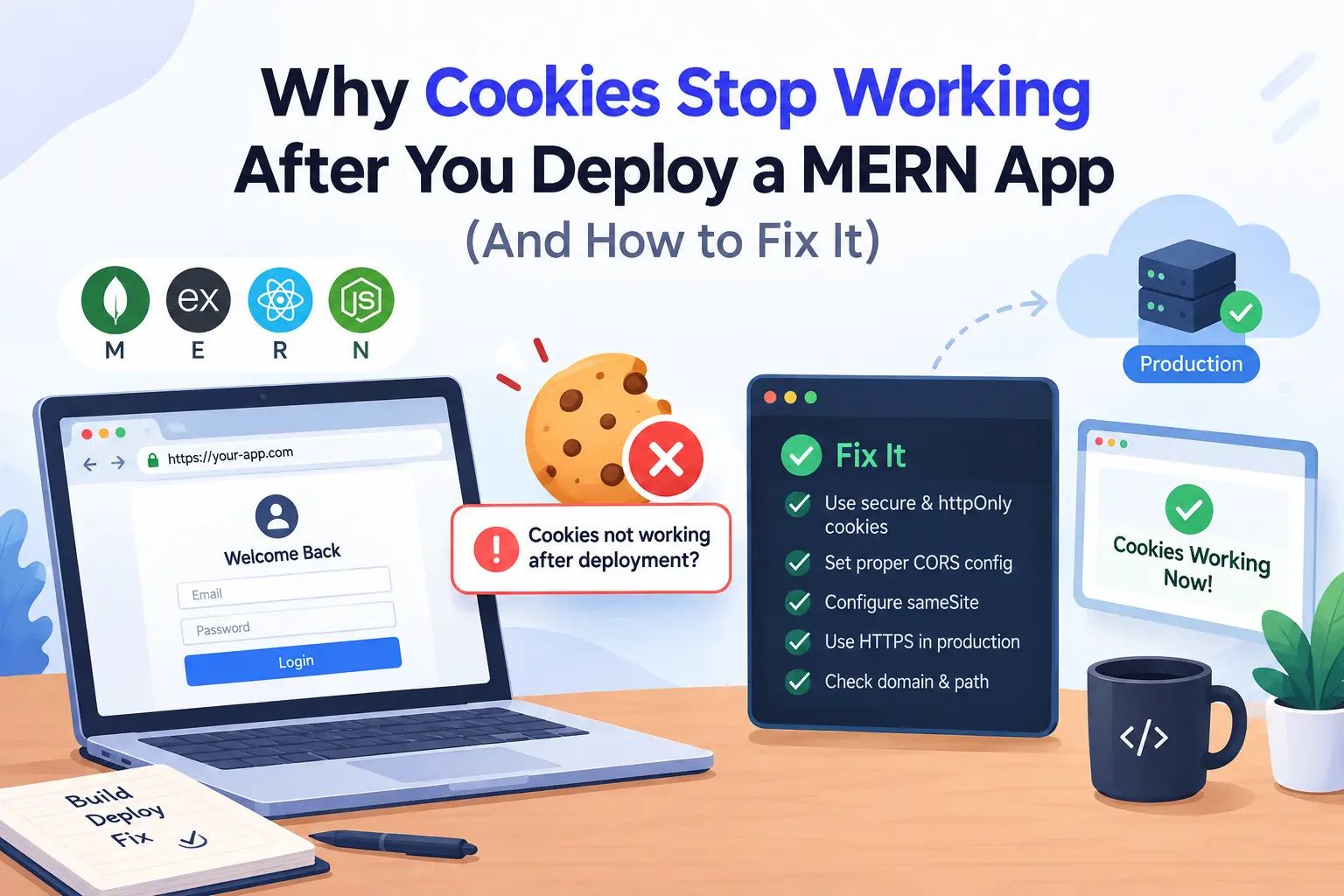 mern-cookies-not-working-in-production-blog-image-1536_1024 Diagram of a React app on Vercel failing to send a cookie to an Express API on Render